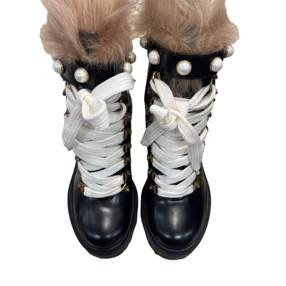 GUCCI
Calfskin Fur Pearl Lace Up Combat Ankle Boots 36 Black - Picture 3 of 7